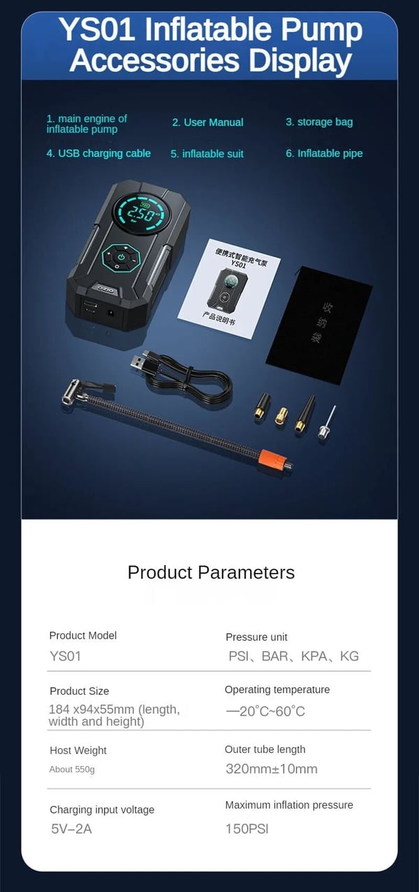 All-in-One Solution! Rechargeable Portable Air Pump, Inflates Tires, Balls & Air Beds